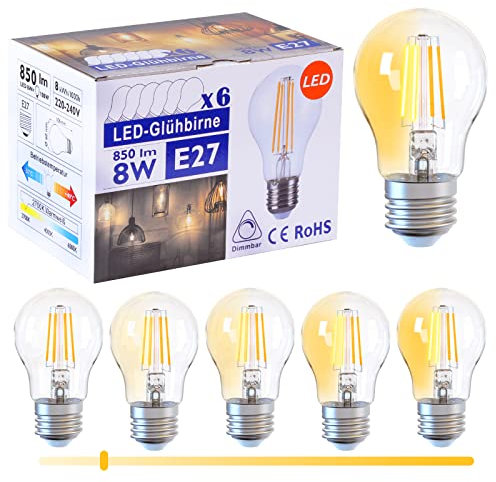 DGE E27 LED Dimmbar Lampe Warmweiss, 8W 850 Lumen 2700K E27 Glühbirne, Ersetzt 100W, 360° Abstrahlwinkel Energiesparlampe, 6er Pack