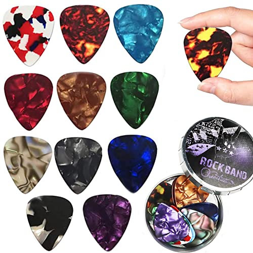 Guitar Picks, 12 Stück Gitarren-Picks Gitarren Plektrum Celluloid Gitarren Plektren 0.46-1.20mm 4 verschiedene Stärke für Zubehör für Gitarre, Akustikgitarre, E-Gitarre, Ukulele, Bass