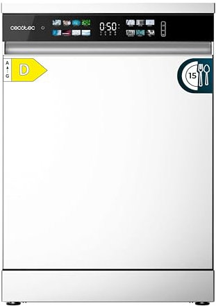 Cecotec Lave-vaisselle 60cm Bolero Aguazero 6210 D Lave-vaisselle blanc, 15 couverts, Classe D, écran FullColor XXL, Lavage Dual Zone, Aquastop, Dry+, Plateau réglable, AutoClean et Sécurité Enfant.