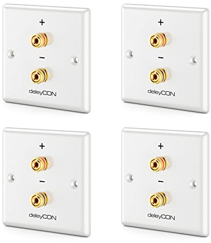 deleyCON 4 Piezas Toma de Conexión Toma de Pared Altavoces Multimedia Placa de Pared con Enchufes Tipo Banana para 1 Altavoz (Rojo/Negro) - Sistemas de Sonido Hi-Fi Surround y Cine en Casa Set de 4