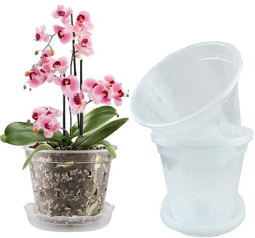 WDragon Clear Orchid Pot,11cm 14cm 17cm Plastic Plant Pots with Holes and Saucers,Nursery Pots for Orchid Repotting Kit (5, 12CM with Saucer)