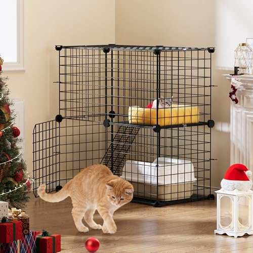YITAHOME Jaula para Gatos de Interior, Jaula para Gatitos de 2 Niveles, Recinto para Gatos, Exterior, Parque para Mascotas, Metal Extraíble, Perrera para Hurones, Gatitos, Conejos, Camping, 71x36x71cm