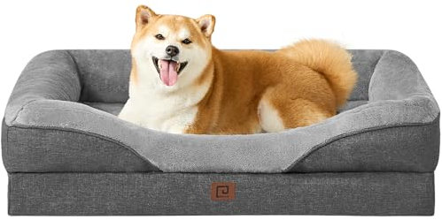 EHEYCIGA Memory Foam Dog Beds Large, Orthopedic Dog Beds Sofa with Sides and Waterproof Liner, Pet Couch with Washable Removable Cover and Non-Slip Bottom, 91x68x17cm, Dark Grey