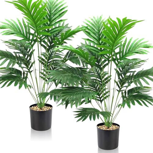 Duscdesp Set of 2 Artificial Plants Indoor Decorative Tall Artificial Plants Large Palm Tree Fake Plants Plastic Tree Faux Plants for Indoors Office Home Outdoor Decor (2 Pcs Yellow Palm Large)