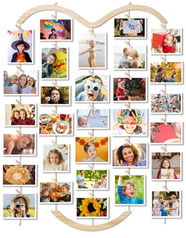 Hanging Photo Display Board with 60 Wooden Clips, Multi Photo Borads | DIY Photo Board, Photo Pegs and String, for Wall Photos and Polaroids, Home Decoration