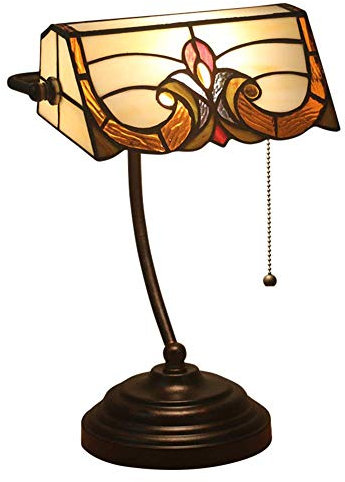 Stile Lampada da tavolo da banchiere tradizionale lampade da scrivania in vetro color barocco con impianto di interruttore a catena a trazione, base di zinco antico per la scrivania del soggiorno