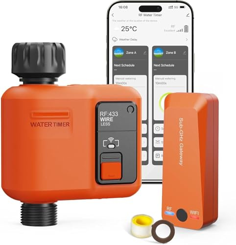 XinFuture Smart WLAN bevattningsdator 1 utgångar med 300 meter RF, WiFi superskydd, bevattningssystem, trädgård med regnfördröjning, app och röststyrning, vattentimer automatisk