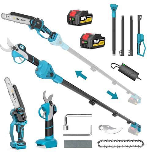 4-in-1 Cordless Pole Saw & Electric Pruning Shears – 8 Inch Mini Chainsaw, Brushless Motor, 2×4.0Ah Batteries, 14ft Extendable Pole for Tree Trimming