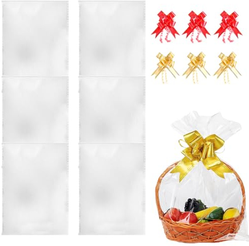 OUDQFCJ 6 piezas Bolsas de Celofán Grandes, Bolsas Transparentes para Regalos y Canasta con Lazos para Cestas, Flores, Manualidades y Ramos de Navidad (50x60cm) (Transparente)