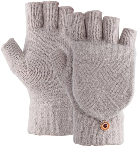 Risipu Fingerlose Handschuhe mit Klappdeckel für Damen, weich, Winter, Halbfinger-Handschuh, Touchscreen, warm, fingerlos, gestrickte Fäustlinge für Damen, grau, One size