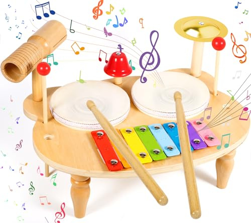 POWZOO Tambour Jouet Bebe,10 en 1 Jouets pour bébés Instruments de Percussion,Instrument de Musique Ensemble de Batterie pour Enfants,Table Musicale en Bois,Jouets de Percussion Montessori(3-5ans)