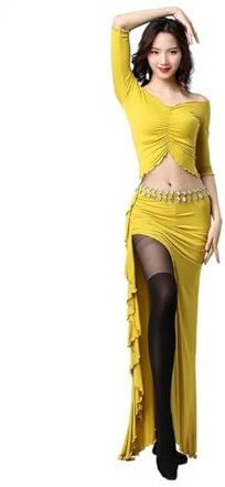 HKYBCF Abito da Danza del Ventre Costume da Danza del Ventre for Adulti, Abiti Pratica, Top con Scollo a V, Gonna Lunga, Set Spettacolo di for Donne(Yellow,M)
