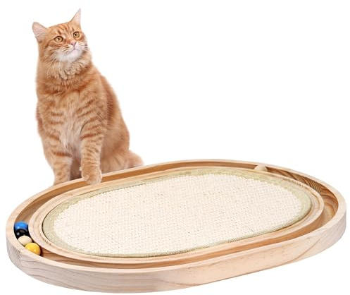 Zocipro 2 en 1 Griffoir en Sisal et Jouet pour Chat, 43 x 33 x 3 cm Pin Massif, Coussin en Sisal Naturel et Piste Ovale Glissante pour Balle, Conçu pour Divertir Les Chats, Beige