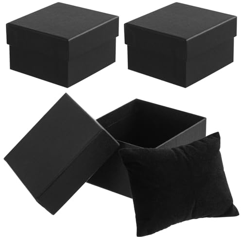 VERDANVERSE Boîte à Montre en Carton Noir 3pcs Coussin en Tissu et Fibrefill pour Bracelet et Montre, Coffret Présent Élégant pour Homme et Femme