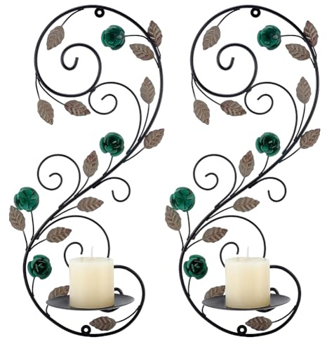 PH PandaHall 2pz Braccioli da Parete in Ferro Nero per Candele Portacandele Colonna Antico con Motivi di Fiori e Foglie Braccioli Decorativi Rustici da Montaggio a Parete per Soggiorno, Camino