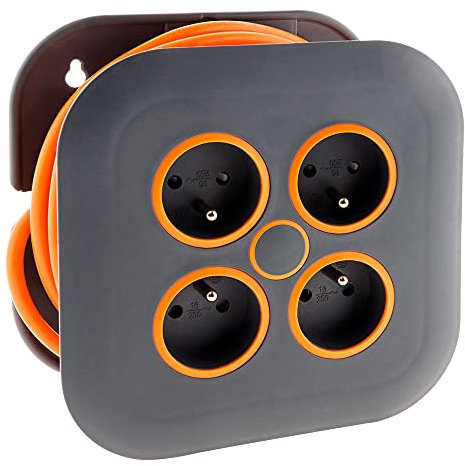 Zenitech - Bobina doméstica 4 tomas 2P+T 16A + disyuntor 7 metros - Gris/Naranja