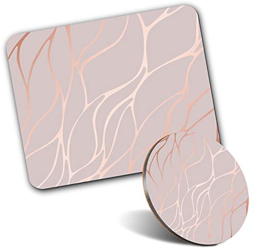 Rectangle Mouse Mat & Round Coaster Set - Rose Gold Marble Effect 20 cm & 9 cm for Computer & Laptop, Office, Gift, Non-slip Base #2452