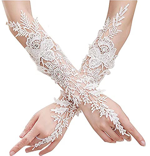 Spitze Kristall Damen Hochzeit Handschuhe Fingerlose Ellenbogen Braut Handschuhe Floral Elfenbein Lange Handschuhe Hochzeitszubehör für Braut, A, Einheitsgröße