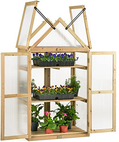 Christow Wooden Greenhouse Garden Cold Frame Lean To Grow House Polycarbonate Windows (H130cm x W70cm x D40cm) (Natural Finish)