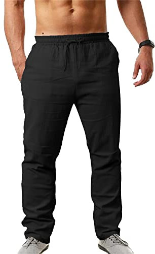 NANAMEEI Herren Leinenhose Lang Leicht Sommer Freizeit Slim Fit Strand Yoga Schwarz XL