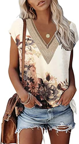 OLIPHEE Femme T-Shirt Col V avec Dentelle T-Shirt Blouse À Manches Courtes Élégant Et Confortable Imprimé avec des Motifs Floraux