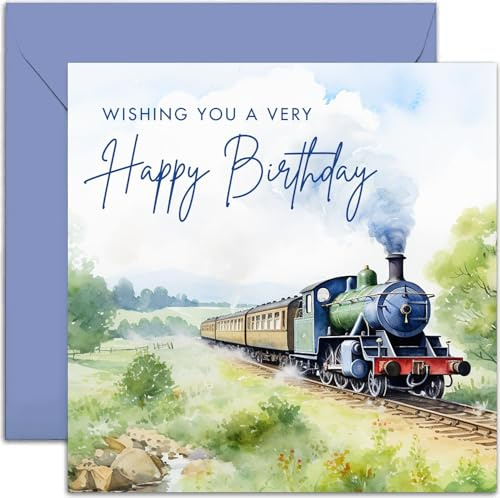 Old English Co. Carte d'anniversaire avec train à vapeur pour lui – Carte d'anniversaire aquarelle pour homme – Carte vintage de train à vapeur pour papa, grand-père | Intérieur vierge avec enveloppe