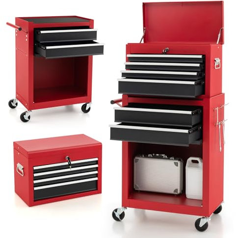 TANGZON Lockable Tool Cabinet, Rolling Tool Chest Combo with Storage Cabinet, 6 Drawers & 4 Wheels, Detachable Garage Workshop Tool Cart Trolley Toolbox Organizer (Black+Red)