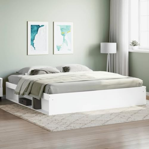 Gecheer Struttura Letto,Giroletto,Matrimoniale,Moderno,in Legno Multistrato,Bianco,con Senza Testiera,con Porta Libri,200x200 cm,Letto con Doghe, Letto,Matrimoniale Moderno,200x200 cm