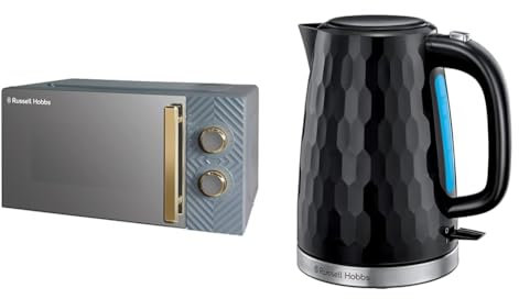 Russell Hobbs 17 Litre 700W Grey Solo Manual Microwave With Groove Design, 5 Power Levels & Honeycomb Electric 1.7L Cordless Kettle (Fast Boil 3KW, Black premium plastic, matt