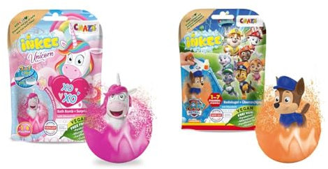 CRAZE INKEE UNICORN | Badebombe Kinder mit Überraschung & INKEE SURPRISE PAW PATROL | Badebombe Kinder mit Überraschung, Badekugel 80g mit Paw Patrol Stempel, Cola-Gummi Duft, Schaum-Effekt