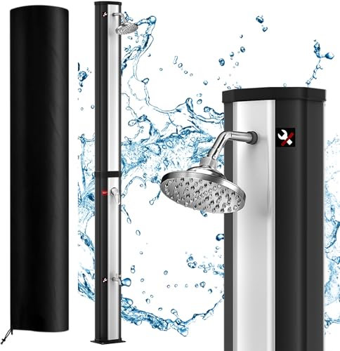 FIVMEN Douche de jardin 35 l - Douche solaire avec capot de protection - Douche extérieure avec robinet - Pommeau de douche à effet pluie pour jardin, piscine et camping - Jusqu'à 60 °C - Argenté