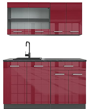 Vicco Singleküche R-Line, Rot Hochglanz, 140 cm, AP Anthrazit, zur flexiblen Erweiterung mit weiteren Modulen geeignet