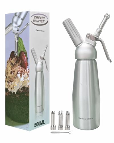 Cansookay Professional Whipped-Cream Dispenser,500mL/ 1 Pint Whipped Cream Maker with 3 Stainless Steel Tips and Cleaning Brush & Storage Cap,, Silver