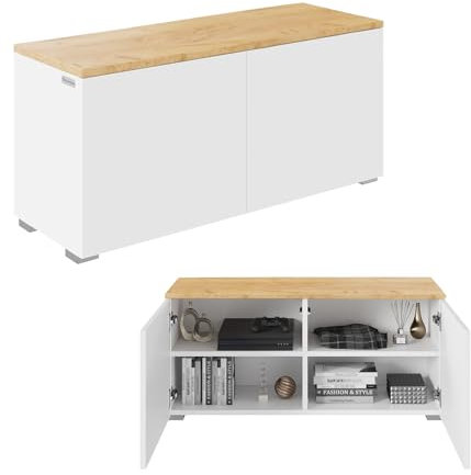 PLATAN ROOM TV Lowboard/Sideboard 90 cm breit mit Push-to -Open-Funktion Hängeschrank TV Kommode hängend oder stehend in Hochglanz oder Matt (Eiche Matt/Weiß Matt, 90 cm breit)