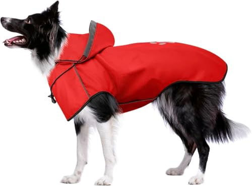 Dog Raincoat Waterproof Reflective Dog Rain Jacket with Hoodie, Lightweight Rain Coats with Leash Hole（Red,M）