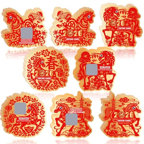 Jremreo Pack of 64 Chinese New Year 2026 Scratch Off Fortune Cards, Year of the Horse, 4 Styles Festive Red and Gold Design, Reward Cards for Lunar Spring Festival Celebrations and Party Supplies