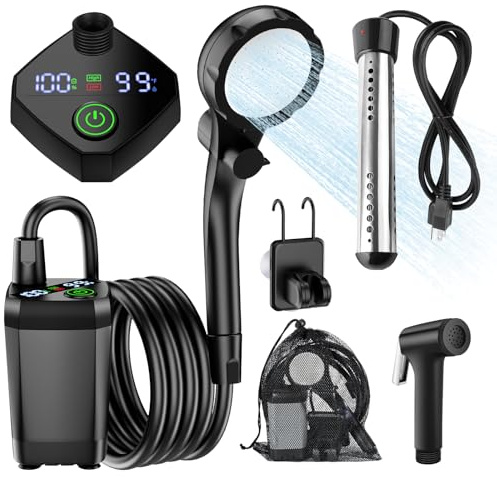 InkTrail Portable Camping Shower with Heater, Long-Lasting 6000mAh Rechargeable Camping Shower with Sprayer Head,4 Spray Modes,IPX7 Waterproof Outdoor Camp Pump for Hiking, Travel, Car, Pet