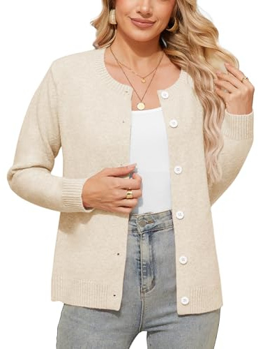 TIANZHU Cream Cardigan Women UK Lightweight Cream Fitted Button Front Cashmere Long Sleeve for Everyday, Light Apricot, Size 14-16