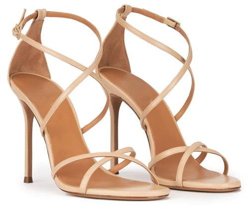 Sandali Con Tacco Alto e Cinturini da Donna,Sandali Décolleté Aperti Alla Moda Estiva Tacchi a Spillo Sexy 10 cm Scarpe Eleganti Festa con Cinturini Incrociati e da Ballo,Nude,37 EU