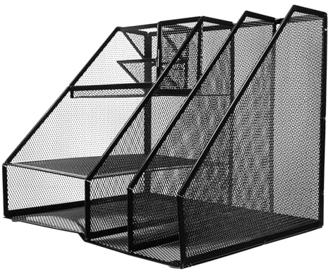 IWOWHERO Portariviste da Scrivania in Metallo Nero con Organizer Rete Doppia Colonna e Tre Supporto per Documenti e Contenitore Porta Penne Scaffale Organizer Robusto per Ufficio e Studio