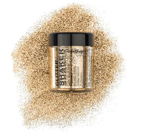 Stargazer Glitter Shaker, Gold. Cosmetic glitter powder for use on the eyes, lips, face, body, hair and nails.