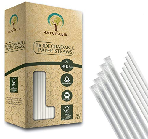 Naturalik 300-Pack Individually Wrapped Paper Straws - 100% Biodegradable Dye-Free Premium White Bulk Drinking Straws for Juices, Smoothies, Restaurant (Regular 7.7)