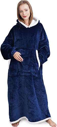 IvyH Couverture à Capuche, Longue Couverture Portable avec Poches Moelleuses Flanelle Sherpa TV Couverture Sweat-Shirt d'hiver Robe Taille Unique pour Hommes Femmes Adultes