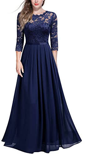 MIUSOL Women's Retro Floral Lace 3/4 Sleeve Wedding Bridesmaid Maxi Dress (Medium, Navy Blue)