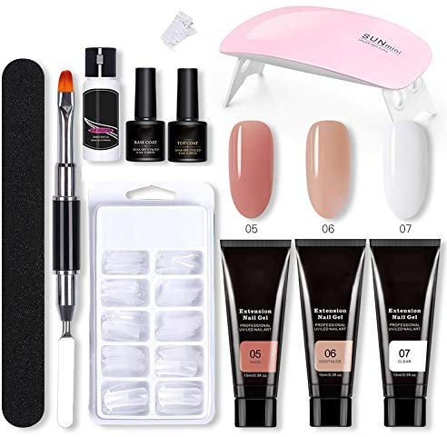 Uñas de Gel Kit, Kit Gel de Extensión de Uñas con UV Lámpara + 3 Colore Gel de Extensión de Uñas + 100 Uñas Postizas + Base y Top Coat + Lima de Uñas, Kit de Manicura Nail Art