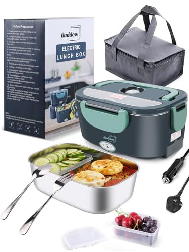 Buddew Electric Lunch Box 80W Lunch Heater for Adults, 12/24/110-230V Portable Food Warmer for Travel & Work, 1.5L, Loncheras para Hombres de Trabajo (Green)