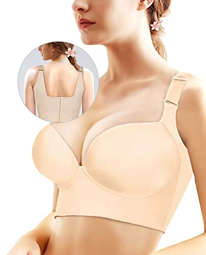 Runilut Women's Push-Up Full-Coverage Underwire Bra - Hide Back Fat, Deep Cup, Smoothing T-Shirt, Sculpting Uplift - Nude 36A