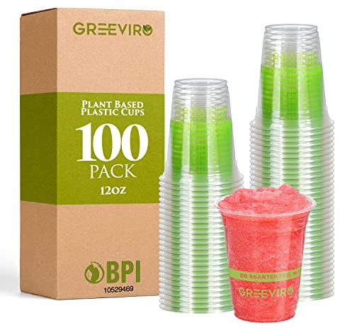 GREEVIRO Eco Compostable Plant-Based Clear Plastic Cups 12oz Thick, Reusable, Disposable Iced Coffee Cups for Smoothies, Beer & Any Beverages for Parties, Weddings & Gatherings