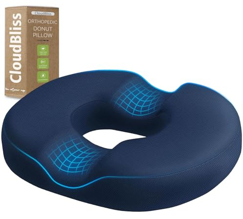 CloudBliss Donut Pillow Seat Cushion for Tailbone Pain Relief and Hemorrhoids, Memory Foam Chair Cushion for Postpartum Pregnancy, Seat Cushions for Men and Women for Home & Office, (Blue)