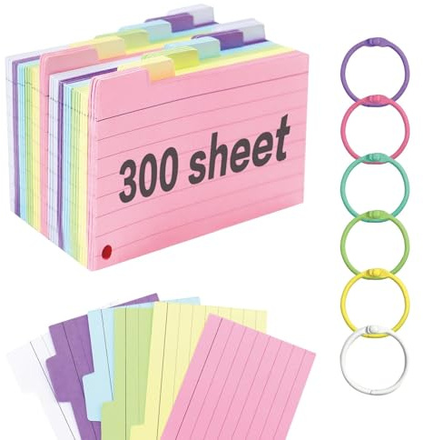 300PCS Flashcards,Tarjetas Estudio Tarjetas De íNdice Fichas Con Anillo De Carpeta,Flashcards Estudio 3.3*4.9Pulgadas,Tarjetas Para Estudiar Para Estudiar, Oficina Escolar, Hogar (6 Colores)